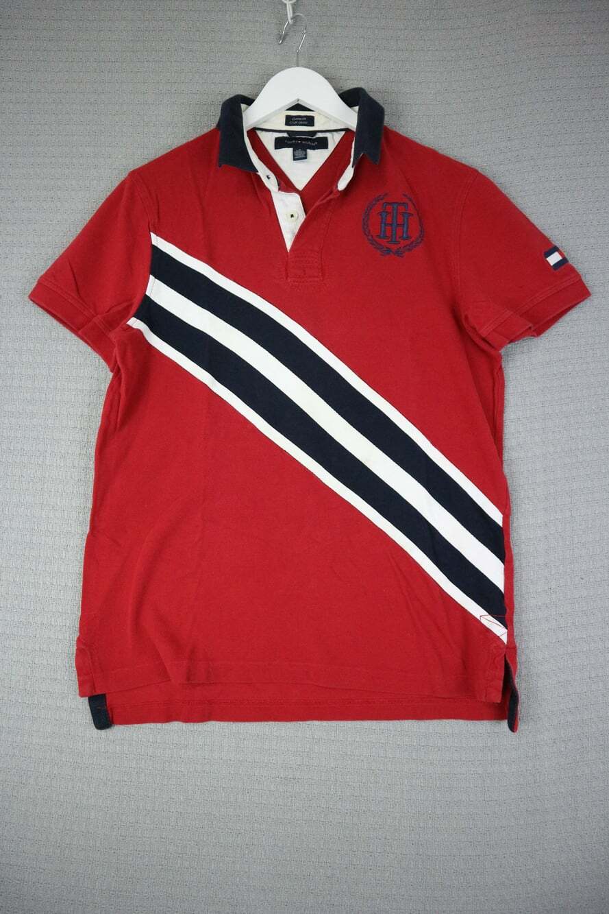 Tommy Hilfiger Short Sleeve Polo Embroidered Crest Design Custom FIt Medium Y2K